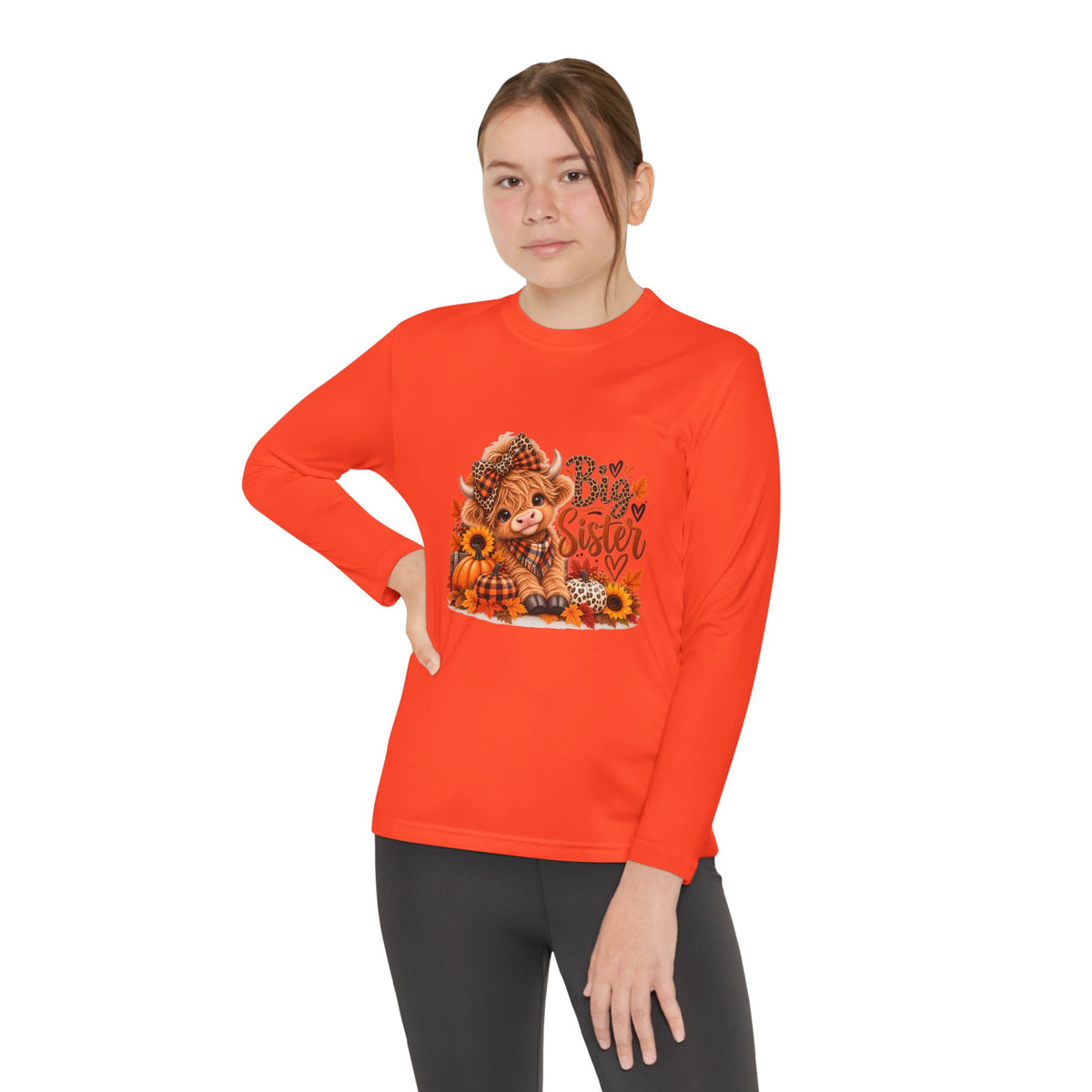 Big Sister Youth Long Sleeve Shirt – Highland Cow Woodland Design