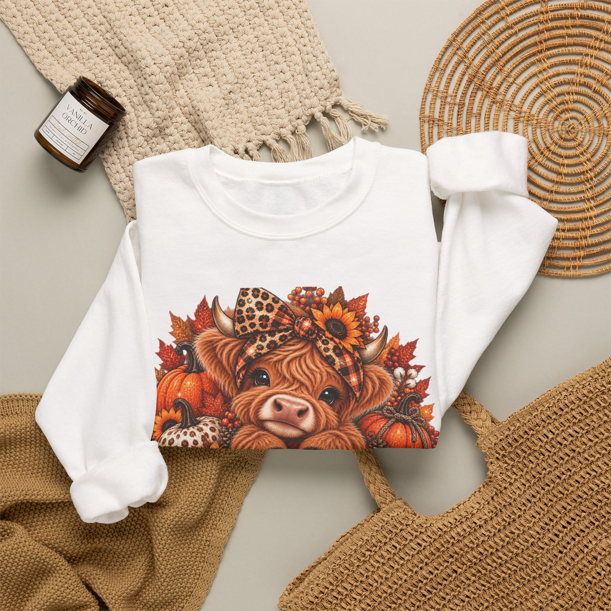 Fall Mama Crewneck Sweatshirt – Highland Cow Pumpkin Autumn Design
