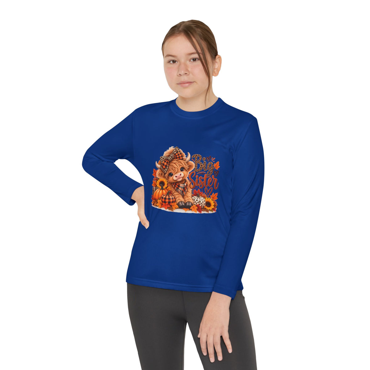 Big Sister Youth Long Sleeve Shirt – Highland Cow Woodland Design