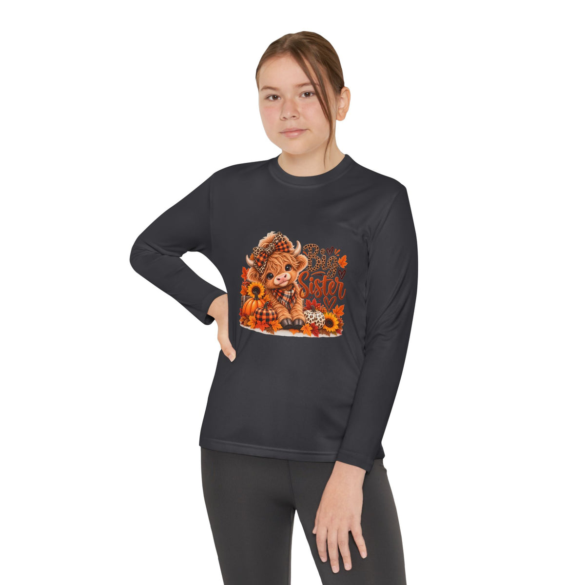 Big Sister Youth Long Sleeve Shirt – Highland Cow Woodland Design