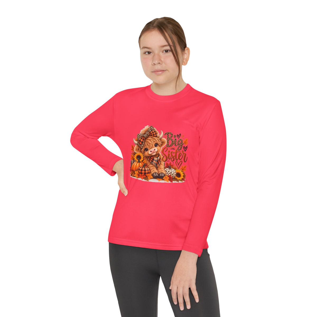 Big Sister Youth Long Sleeve Shirt – Highland Cow Woodland Design