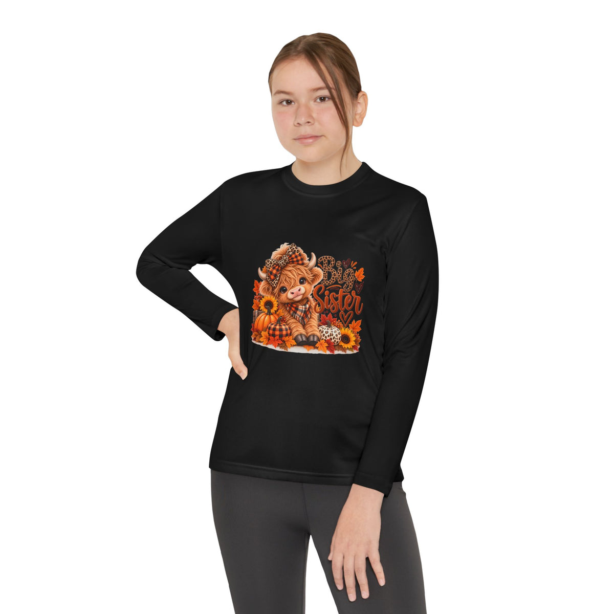 Big Sister Youth Long Sleeve Shirt – Highland Cow Woodland Design
