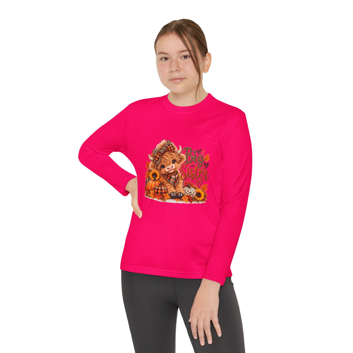 Big Sister Youth Long Sleeve Shirt – Highland Cow Woodland Design